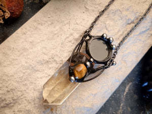 Citrine witch « potion » with mirror and natural gem - tiger eye. Citrine protection amulet necklace.