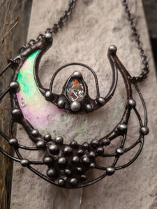 Quartz and Stain Glass Moon pendant with irisation, bright necklace Lunula, Double Horn Pendant, half moon, Boho Necklace - Luna.