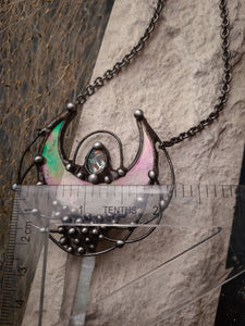 Quartz and Stain Glass Moon pendant with irisation, bright necklace Lunula, Double Horn Pendant, half moon, Boho Necklace - Luna.