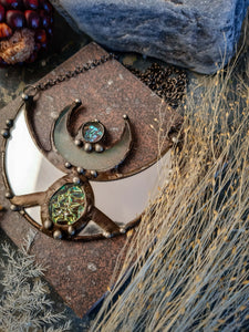 Crescent Moon Mirror Pendant with special iridiscent glass