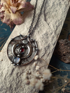 Brass Pendant with crescent moon and natural stone