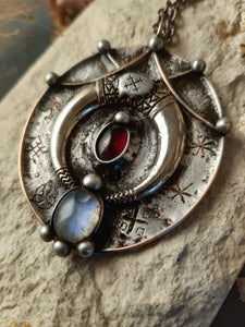 Brass Pendant with crescent moon and natural stone