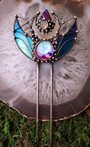 Stain Glass Hair Fork with Dichroic Glass and Natural Stone
